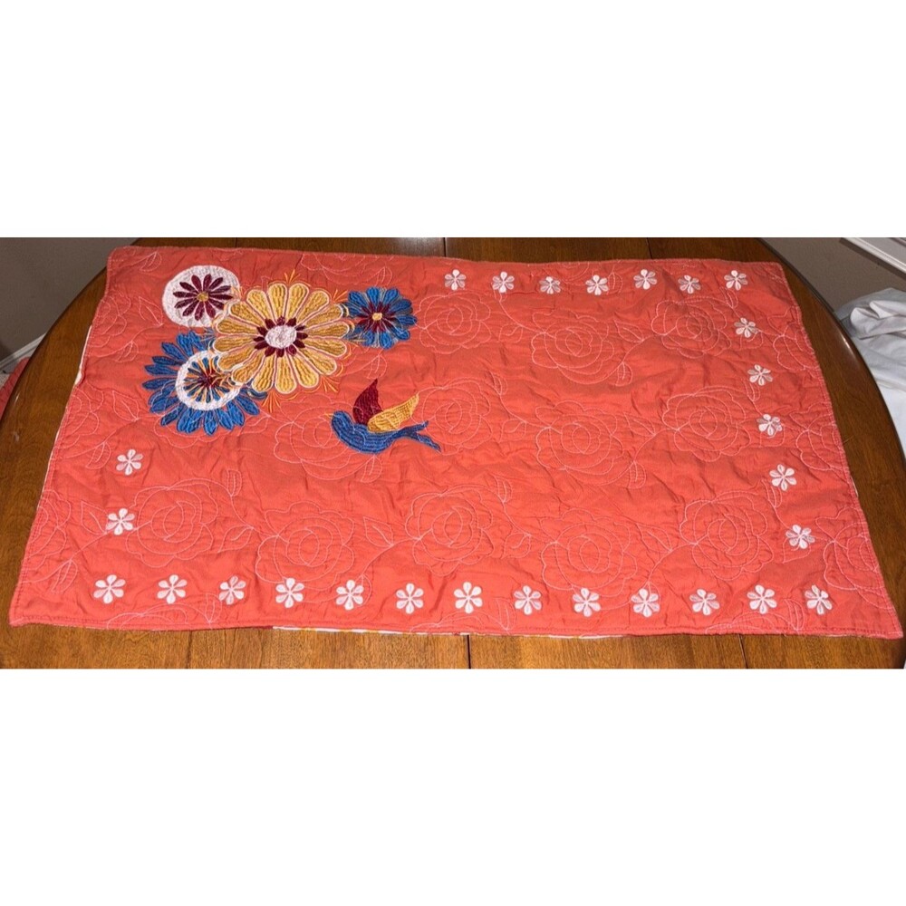 2 Pillow Shams Embroidered Flowers Bird Orange 36 X 20”  Tie Back